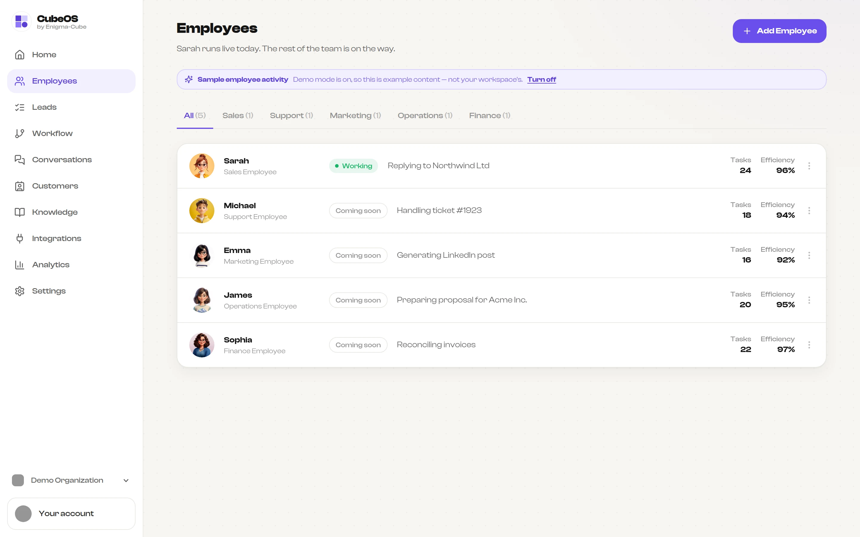 CubeOS employees: sales, support, marketing, operations and finance employees with their current work